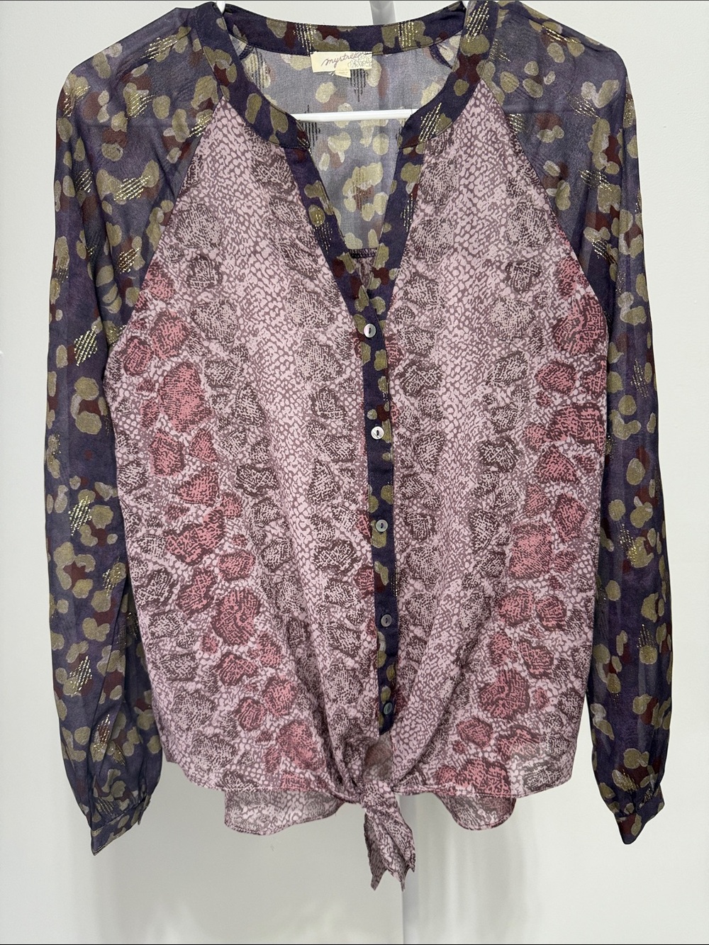 Mystree Pink & Navy Patterned Tie-Front Blouse PTP 19 NWOT